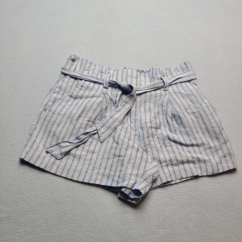 LOFT Shorts Womens Small Blue Striped Excellent Linen Blend Paperbag Tie Waist